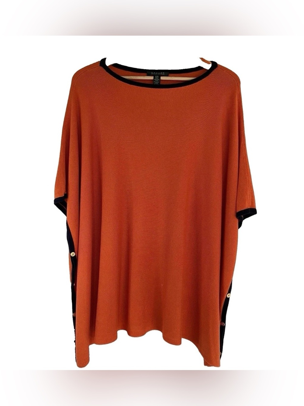 Lauren Ralph Lauren Orange Navy Silk Linen Knit Poncho Cape Gold Button S